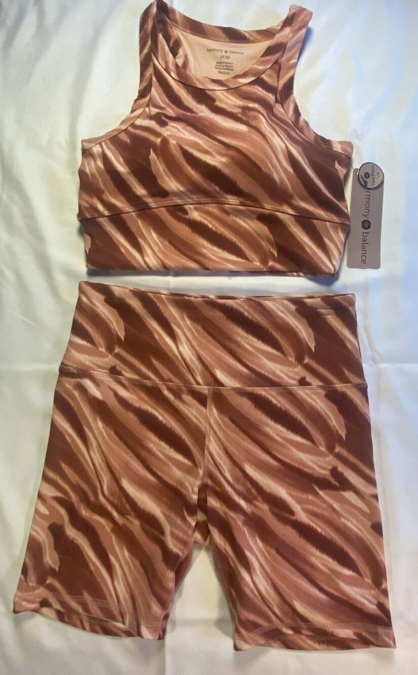 Harmony Balance Two Piece Set Sports Bra and Biker Shorts Mocha Zebra Print .